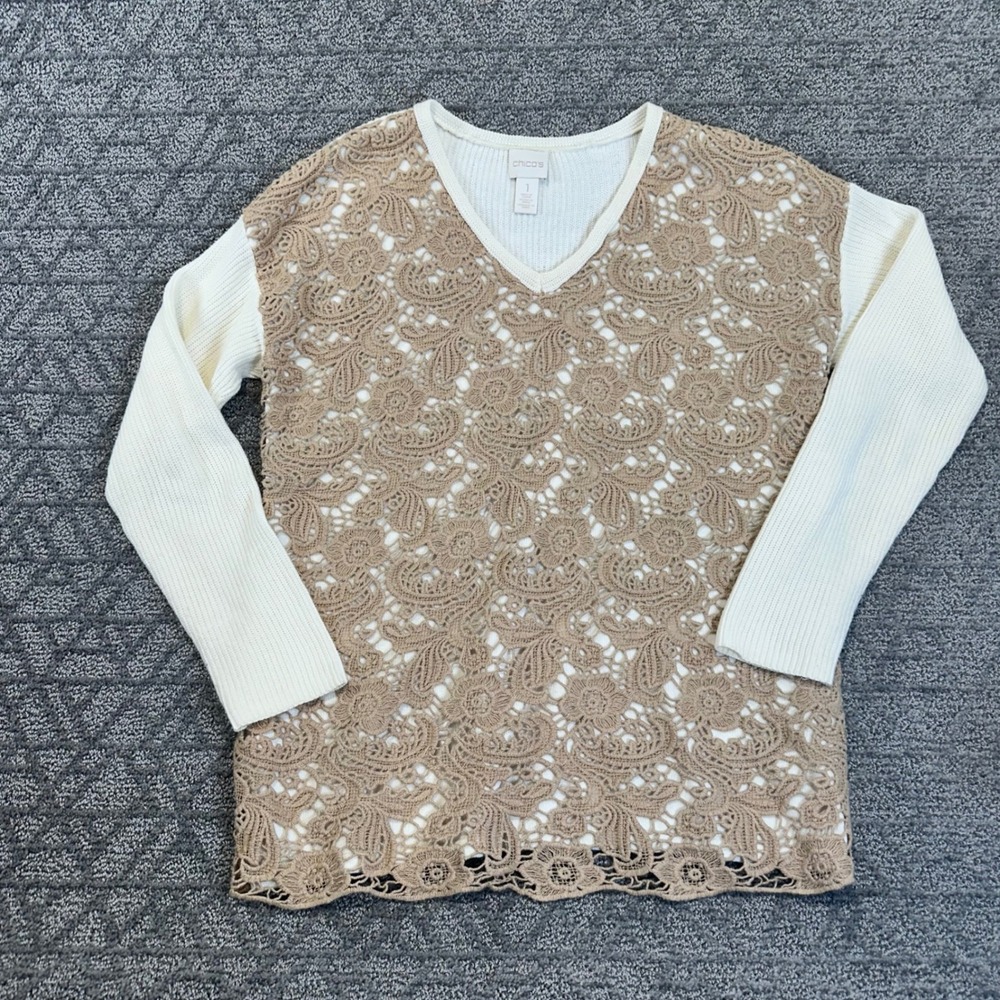 Chicos Sweater Knit Lace Overlay V Neck Long Sleeve Women Size 1 Beige White‎